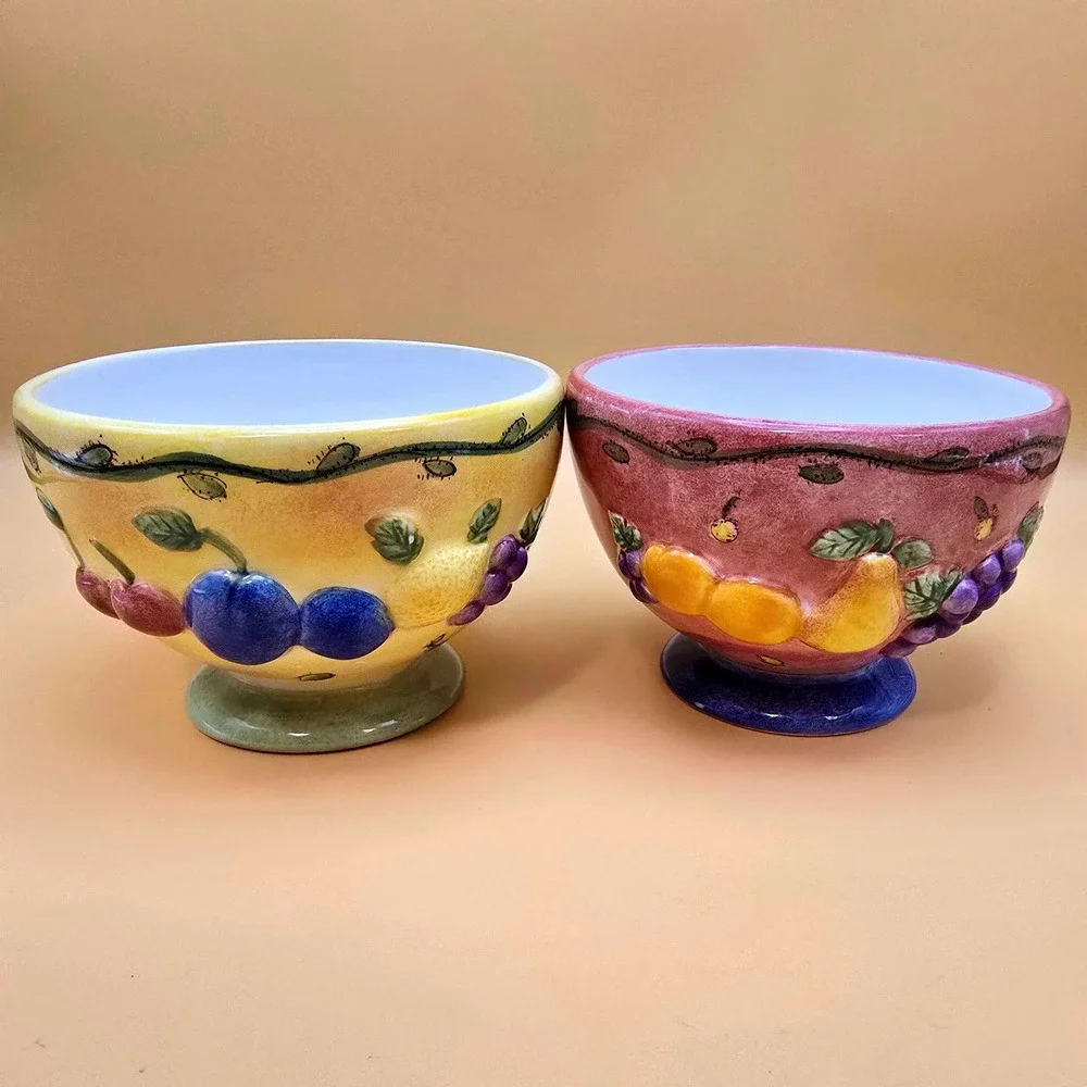 Sango Sangria 3075 Sue Zipkin Footed Fruit Bowls Set of 2 Mauve Yellow‎ Ceramic